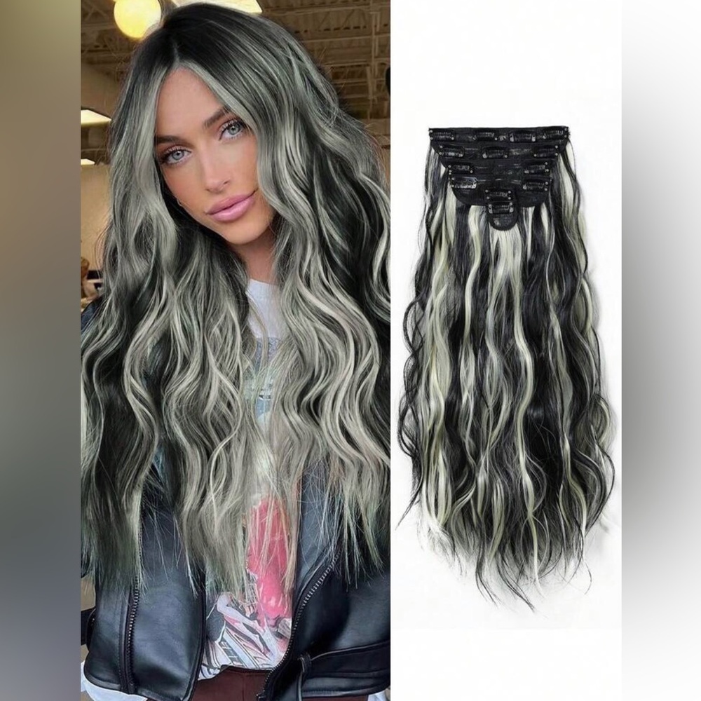 NIB Black and Platinum Blonde Synthetic Wavy Hair Clip In Hair Extensions Bundle